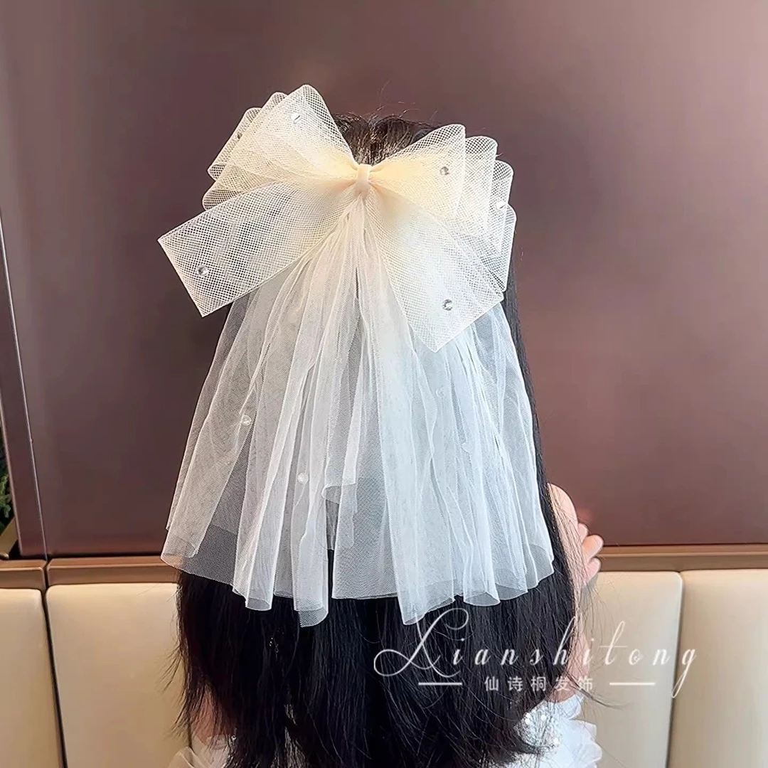 韩版儿童蝴蝶结头纱发夹小女孩演出舞蹈发饰宝宝公主生日发卡头饰