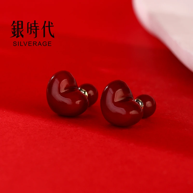 铜合金树脂耳饰 银时代红色爱心耳钉前后两戴