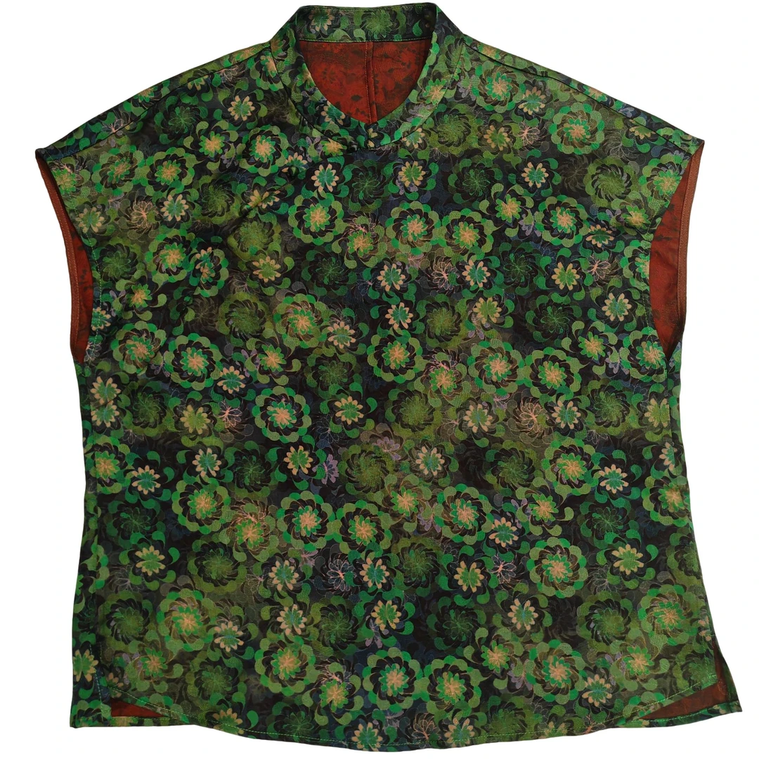 老板娘严选真丝香云纱花萝提花立领短袖100%桑蚕丝上衣夏款88059