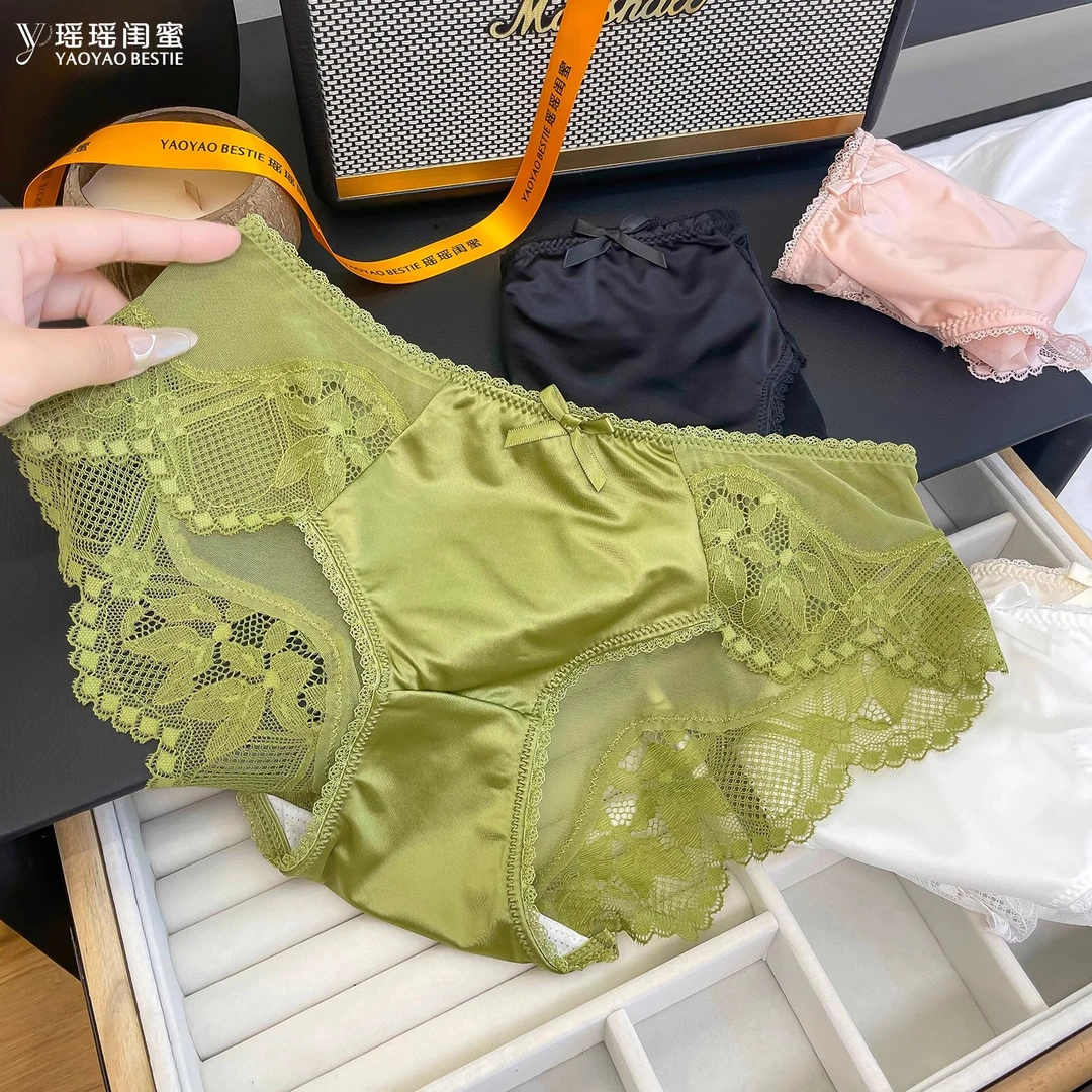 瑶瑶闺蜜法式缎面复古蕾丝内裤女中低腰性感纯色网纱夏季三角裤
