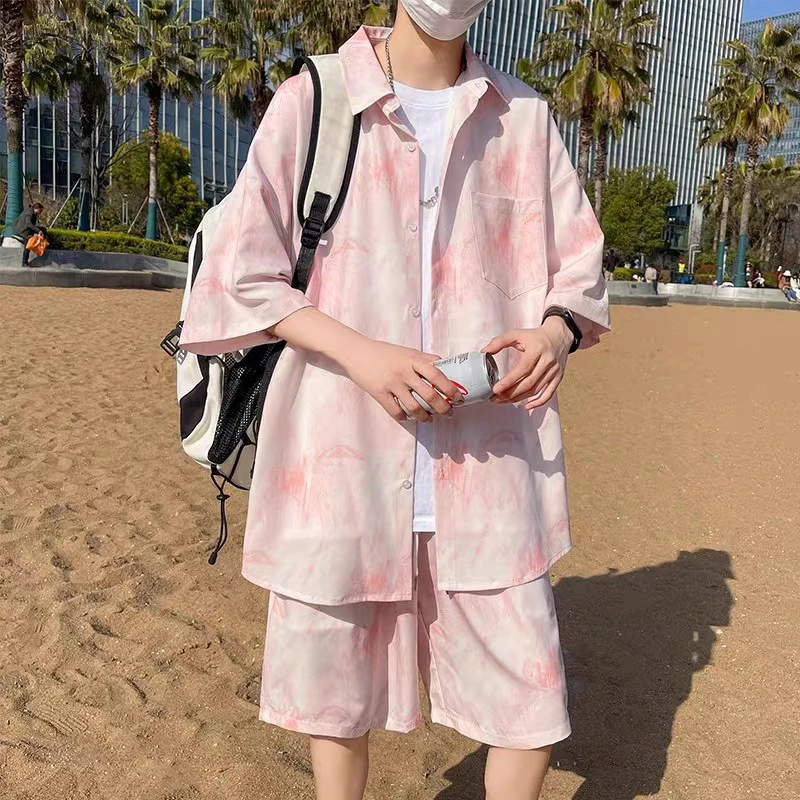 夏威夷花衬衫休闲套装男夏季薄款冰丝大码短袖衬衣短裤海边两件套