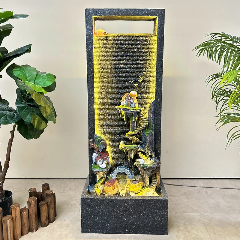 7221新中式循环水幕墙假山流水客厅办公室落地装饰摆件开业送礼