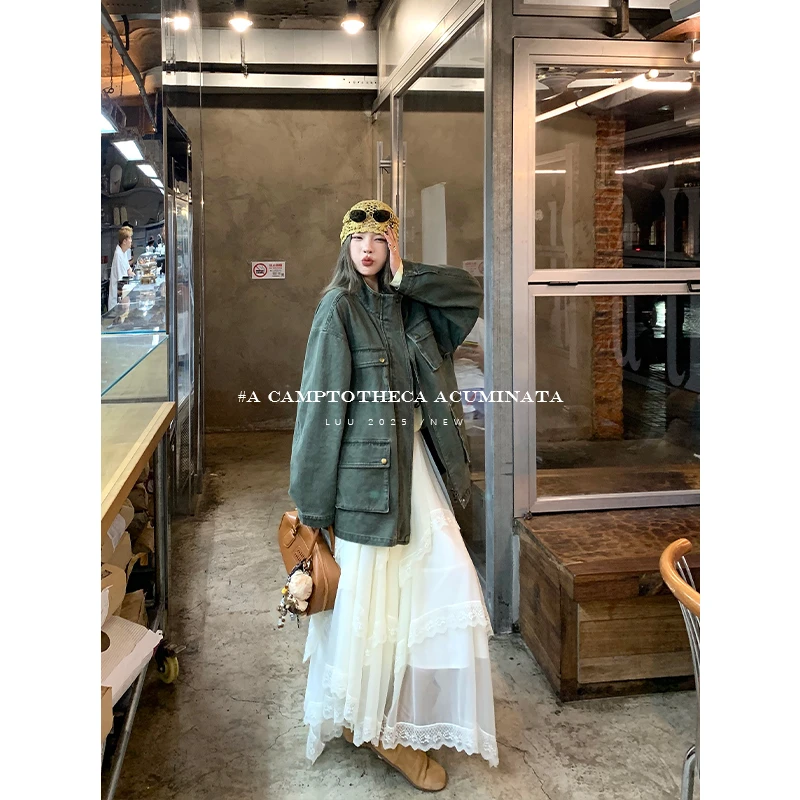 LUU桃喜儿/水洗做旧工装牛仔外套女春秋设计感纯棉宽松开衫上衣