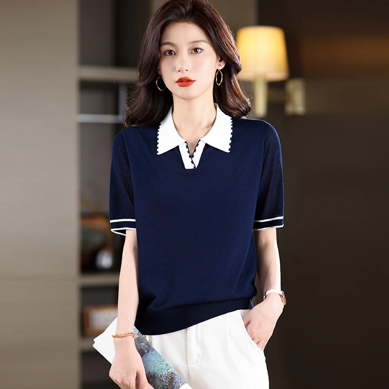 翻领冰丝短袖t恤女夏装新款薄款宽松大码遮肚子上衣气质针织衫