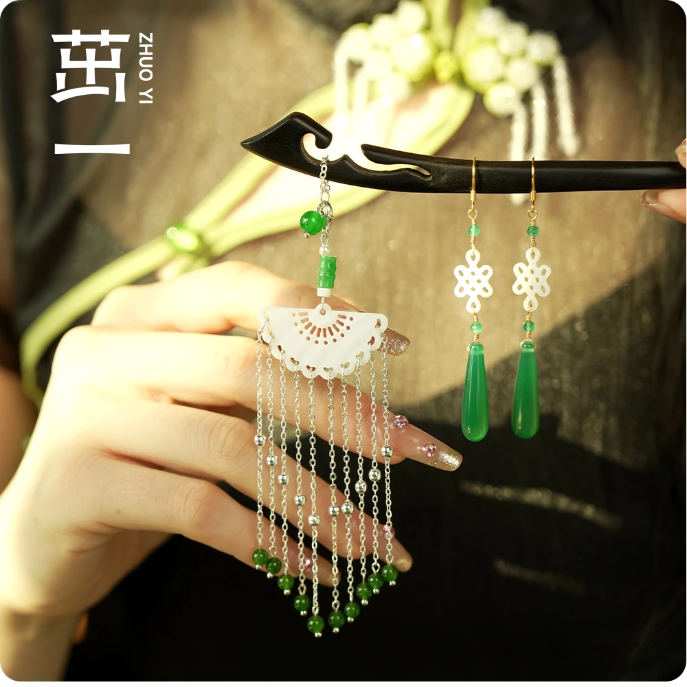 铜合金耳饰国风原创耳坠发簪 露华清半生缘套装 韩婳文创气质绿色