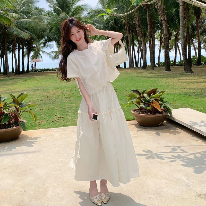 网纱拼接套装裙夏季女2025新款复古文艺范海边度假风小清新两件套