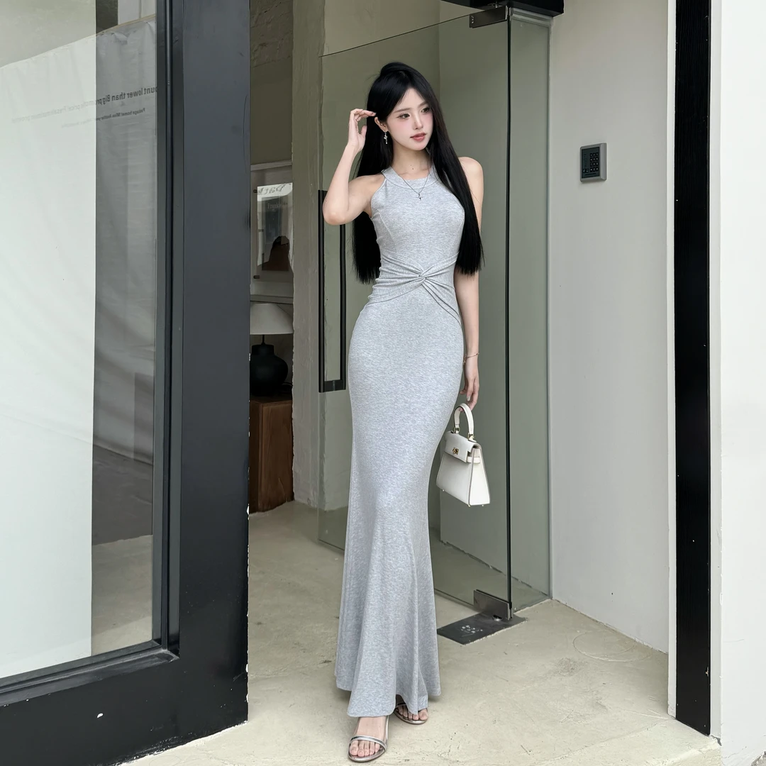 TITI 性感坎肩露肩春季新款纽结褶皱设计款开叉包臀连衣鱼尾裙女