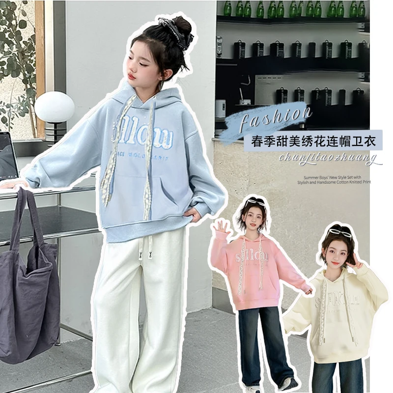 2025早春新款重工贴布钉珠连帽卫衣女童宽松显瘦百搭上衣外套潮