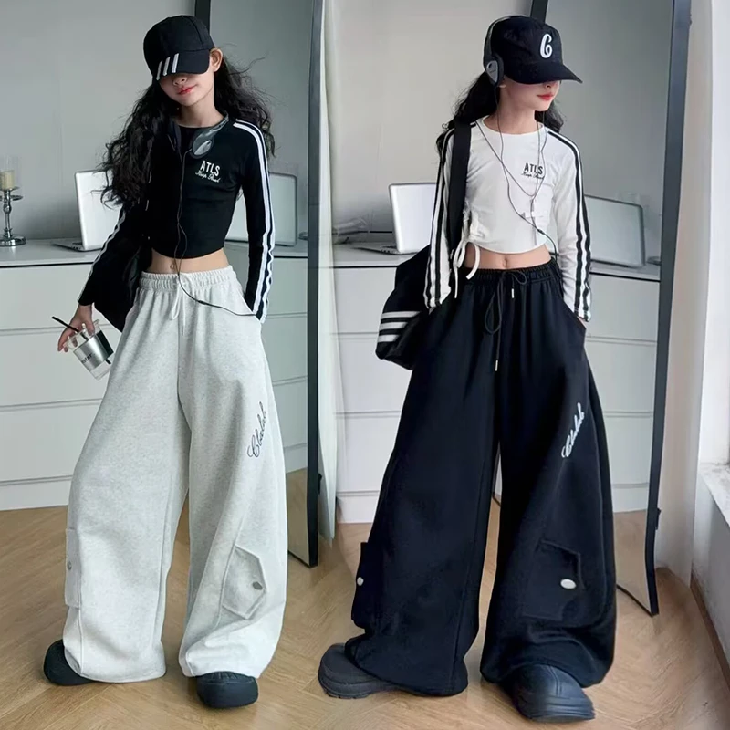 【嘻嘻柚】女童中大童秋季2025新款拉条打底衫香蕉卫裤套装潮流宽松
