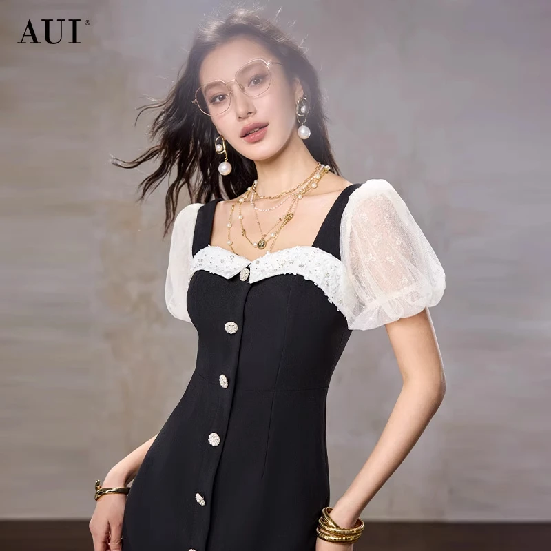 【娘娘专属】AUI泡泡袖显瘦修身连衣裙名媛气质包臀裙-25W019560