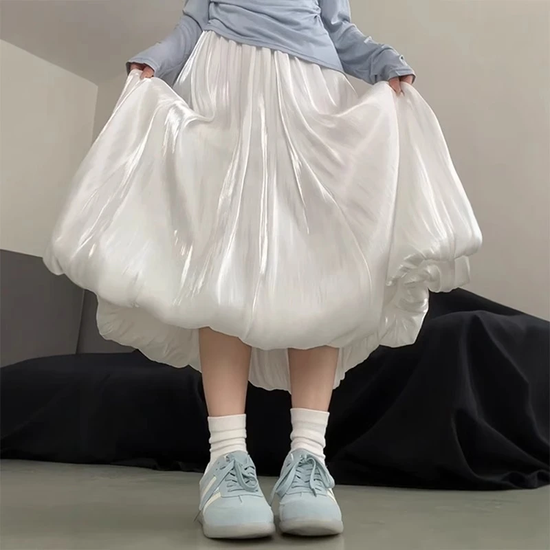 白色缎面花苞长裙大码女a字半身裙梨型身材遮胯春游裙伯克利半裙