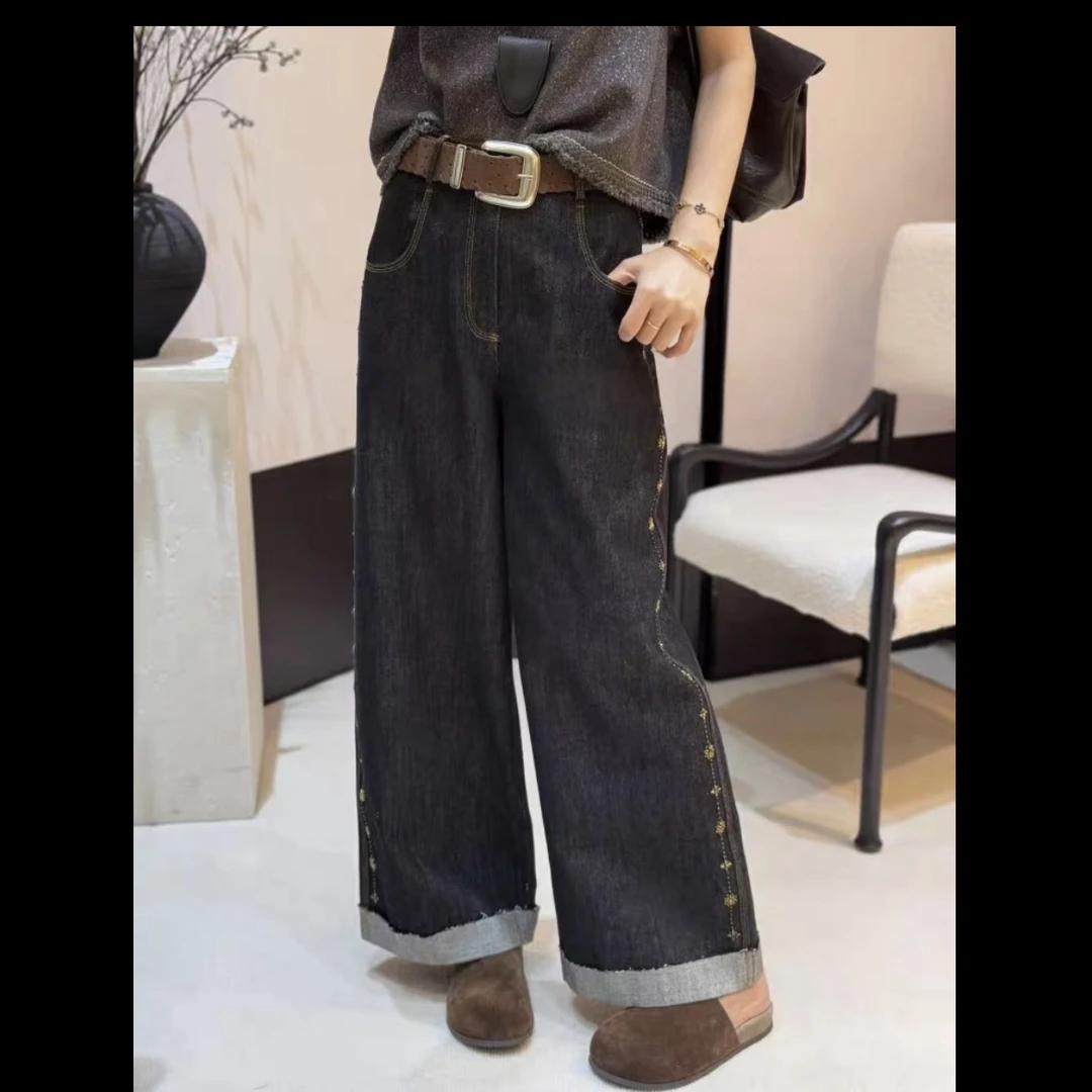 深圳南油不配腰带2025秋季新款复古钉珠显高直筒阔腿牛仔裤高腰