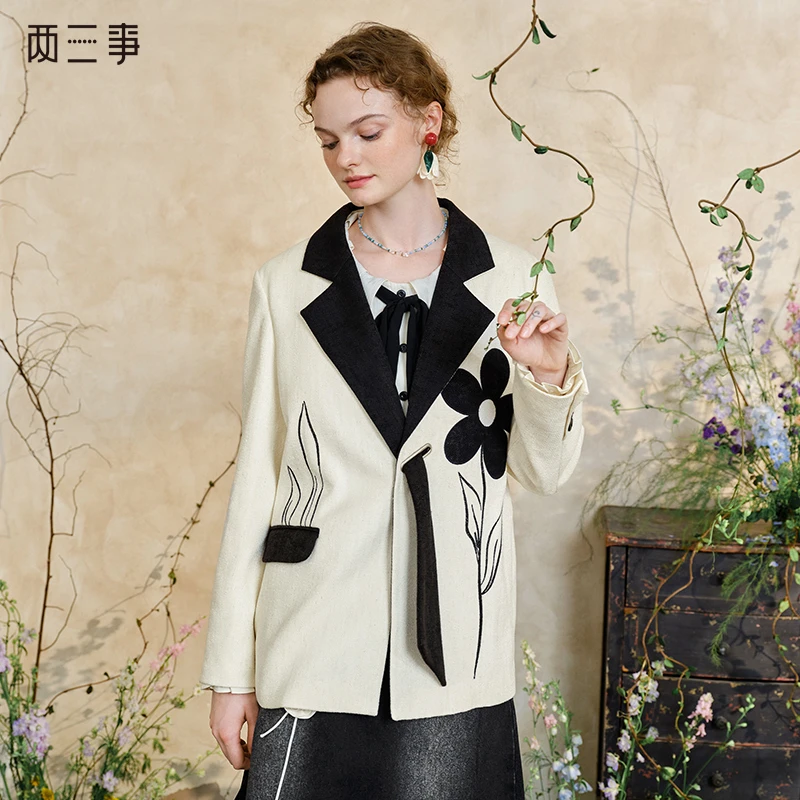 两三事 别处花旅 复古拼色系带印花西装外套S25CXZ274