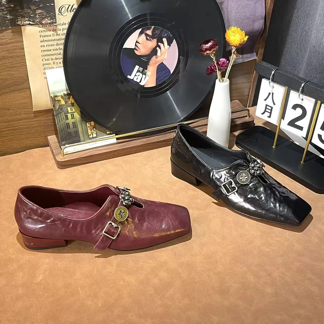 1485【浅念】复古方头气质版牛皮真皮2025浅口单鞋C【4CM】范戈希