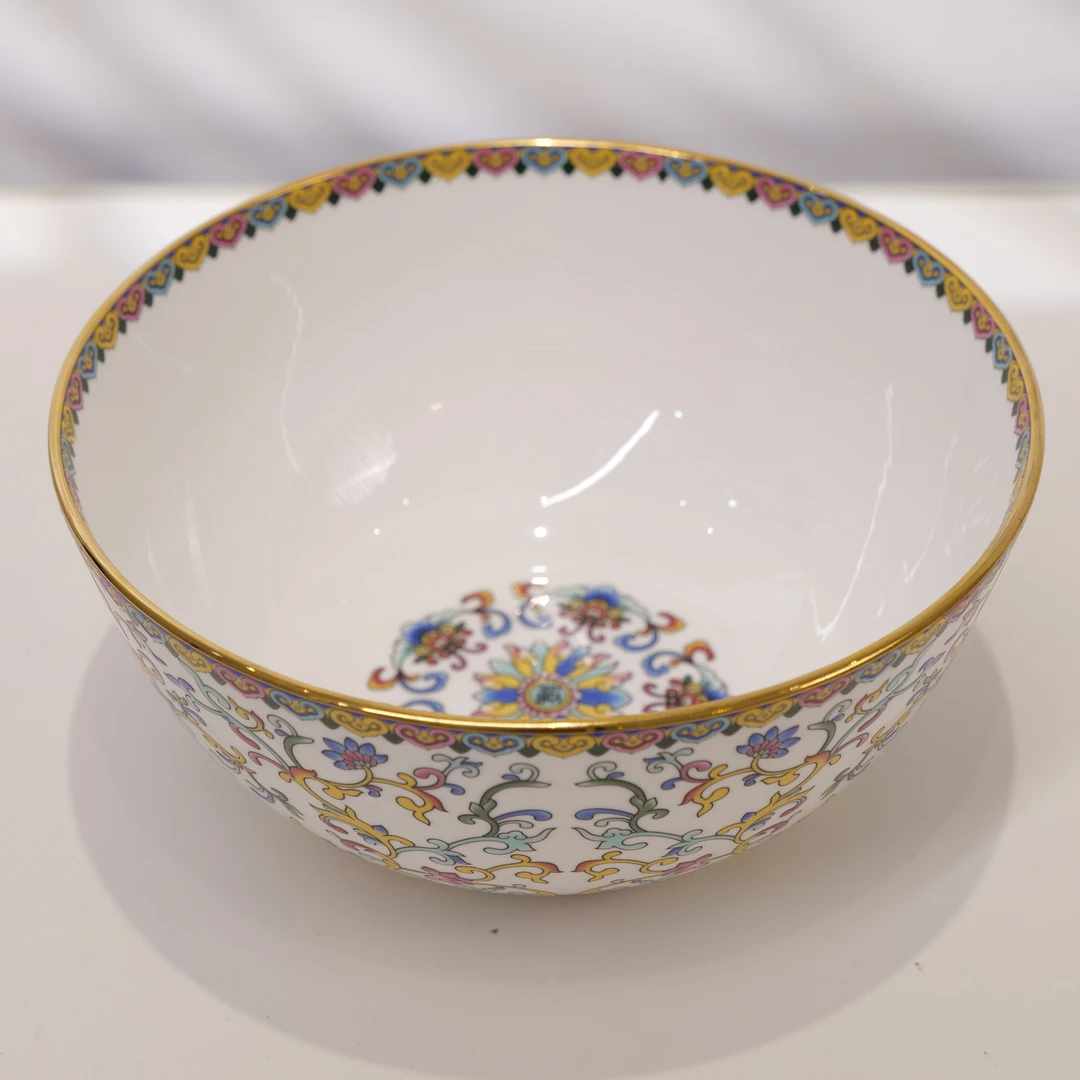 韩旦陶瓷汤碗福白款大碗描金手工蓝色绿色黄色沙拉碗米饭碗金边