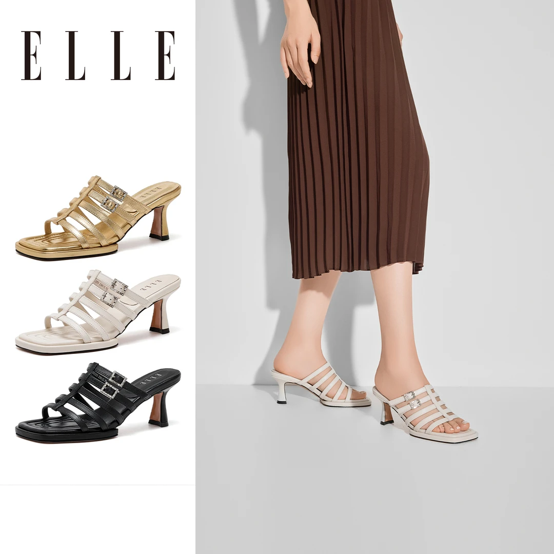 ELLE高级感露趾水钻细跟拖鞋女2025新款夏季外穿一字拖性感高跟鞋