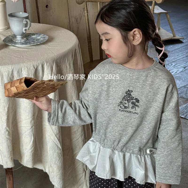 韩国童装女童花边系带灰色卫衣春季新品韩系女宝宝小众款长袖上衣