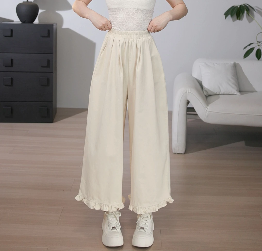 韩系少女感花边遮肉休闲裤