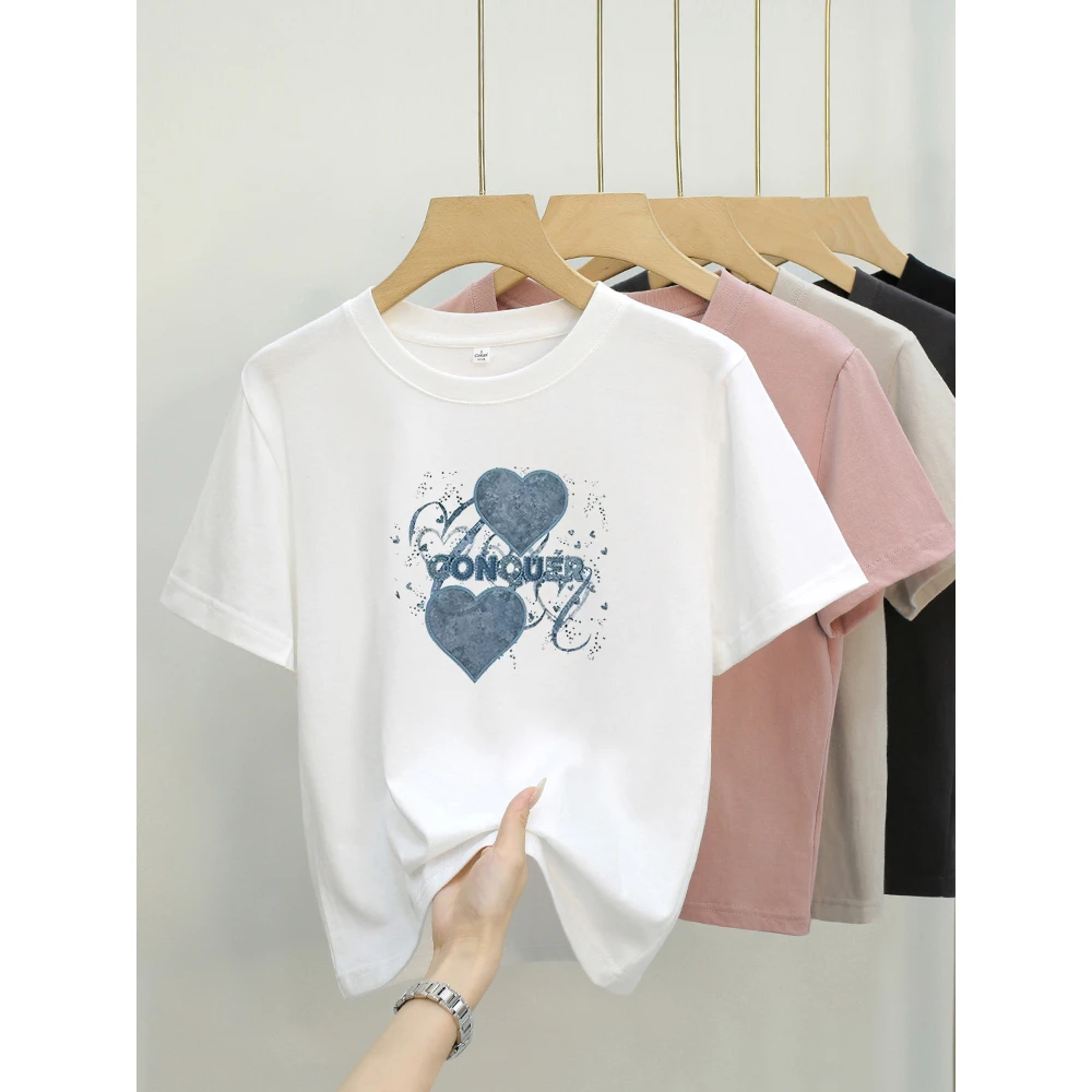 艾格 刺绣爱心 春夏季印花短款显瘦百搭设计感小众设计师t恤女