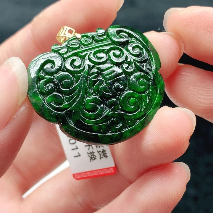 翡翠18K金镶嵌挂件天然翡翠七天鉴赏