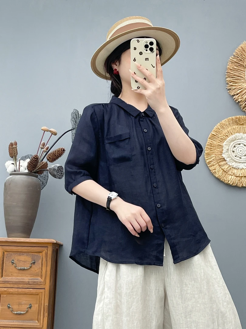 【五色立领100%纯苎麻】夏季斜纹纯苎麻立领短袖衬衫女百搭宽松6549