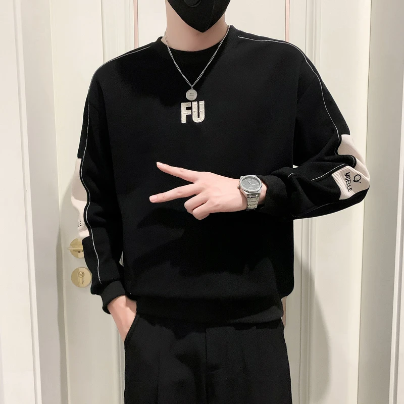 潮牌刺绣卫衣男秋冬款潮流痞帅拼接上衣2025新款男士圆领长袖t恤