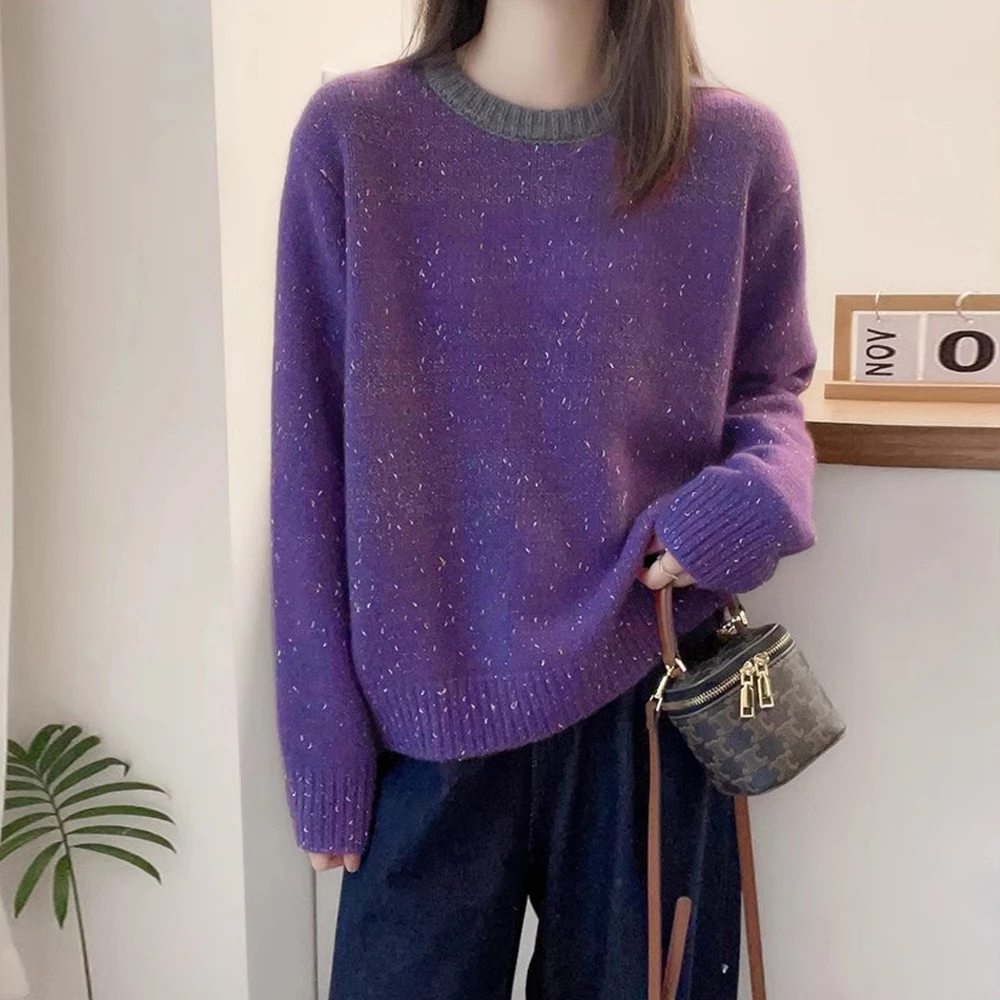 秋冬新款拼色圆领亮片软糯针织毛衣女显瘦套头打底别致长袖上衣潮