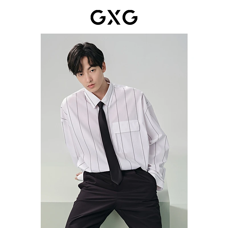 GXG男装时尚条纹长袖休闲翻领衬衫夏季#G24X032006