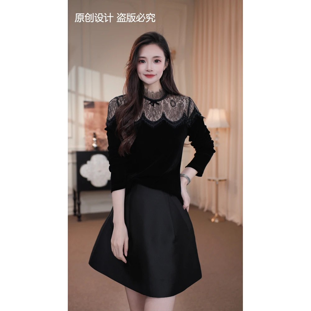 宁宁·星夜芭蕾·秋装蕾丝镂空洋气设计感收腰小衫上衣女装-91125