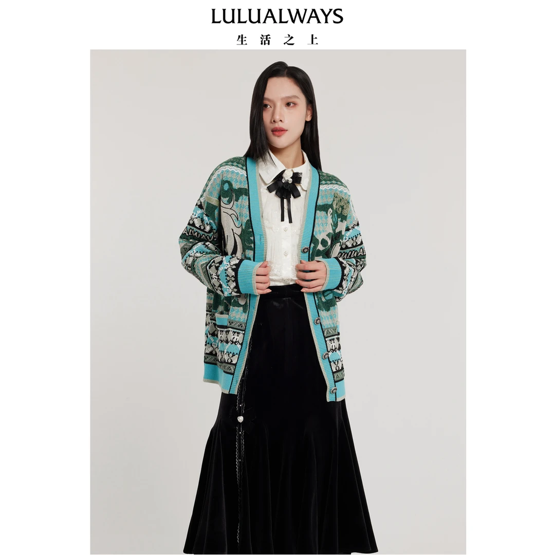 LULUALWAYS春季新款清新宽松V领针织开衫