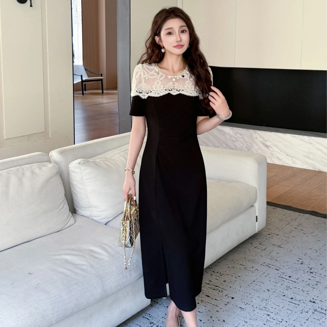 2025夏季黑色A字裙拼接法式中长裙蕾丝气质复古收腰宴会连衣裙