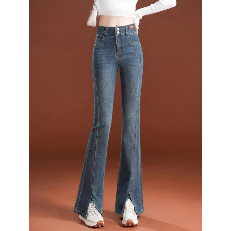 拉夏贝尔复古微喇牛仔裤女秋季2025新款高腰弹力马蹄裤开叉喇叭裤