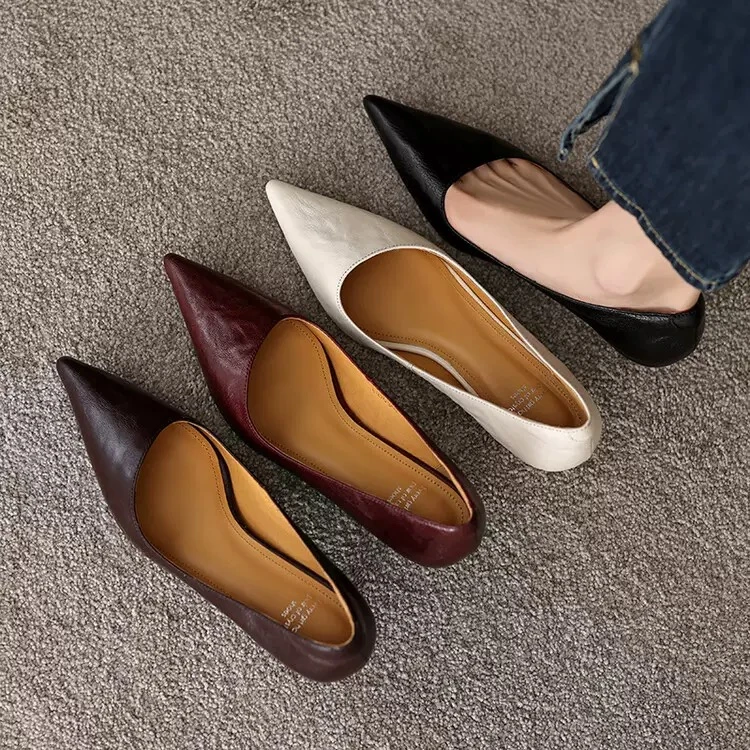 2025新款真皮羊皮尖头浅口单鞋猫跟高跟鞋职业百搭时尚通勤女单鞋