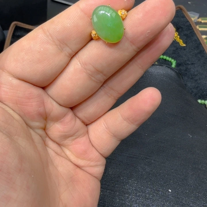 和田玉（碧玉）戒指银S925镀金镶嵌