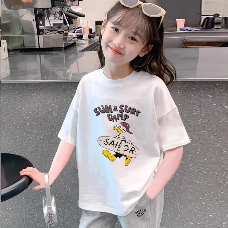 百搭白色女童纯棉短袖T恤夏装2025新款宽松女大童设计感童装上衣
