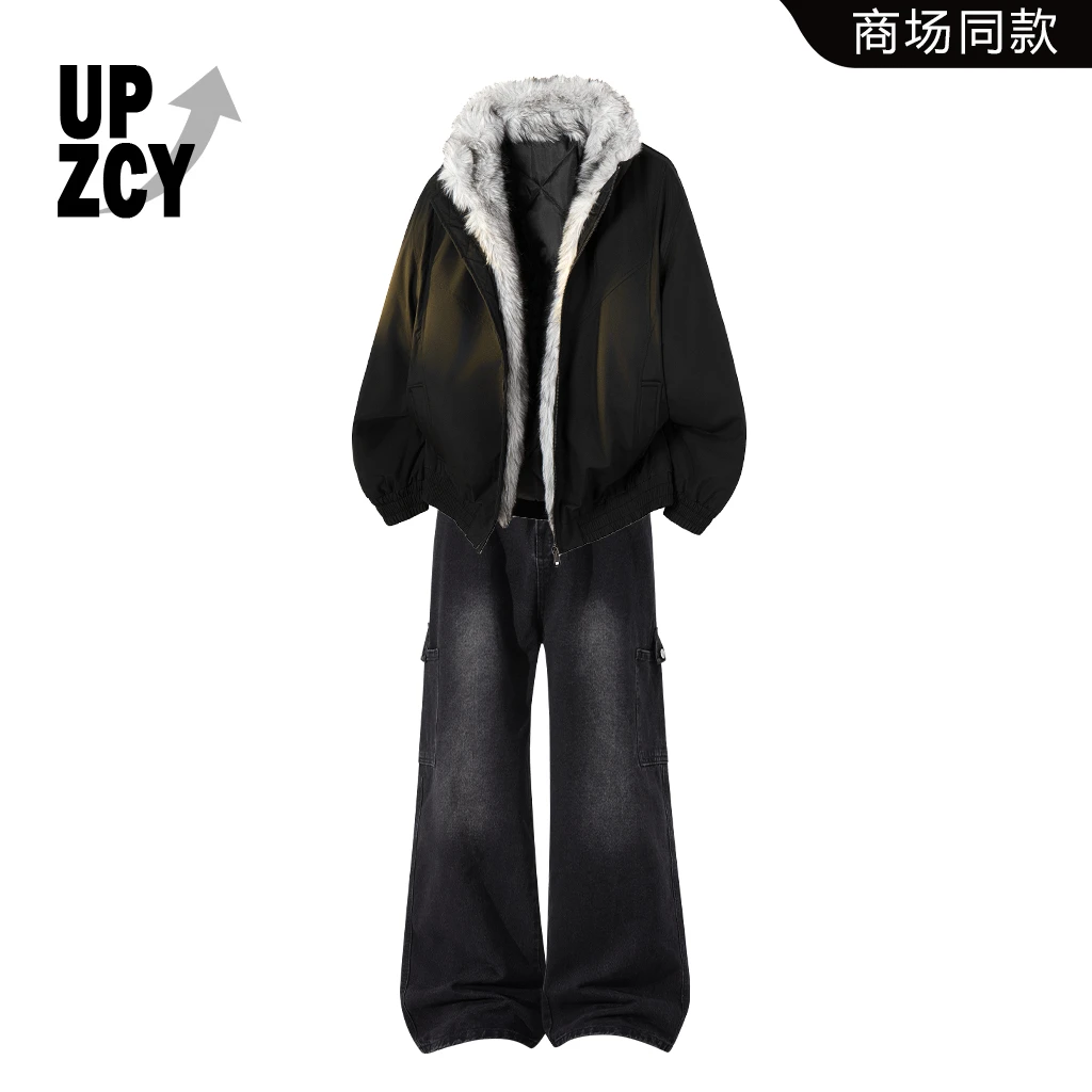UPZCY美式街头复古风连帽保暖棉服2025冬季新款水洗阔腿牛仔裤男