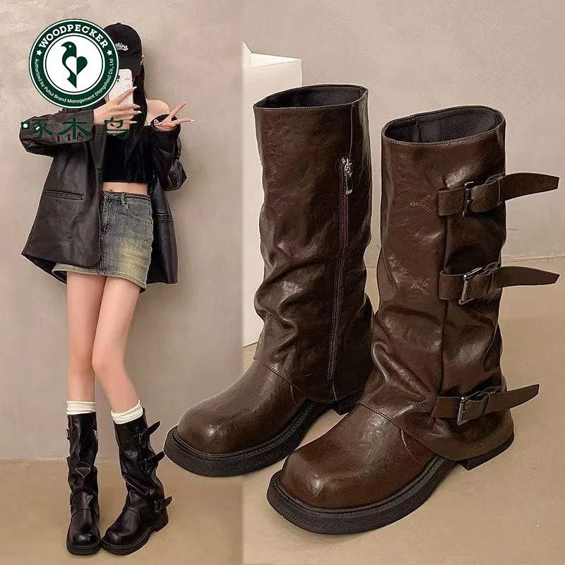 啄木鸟厚底长筒靴女秋季百搭裤管靴西部牛仔长靴皮带扣高筒骑士靴