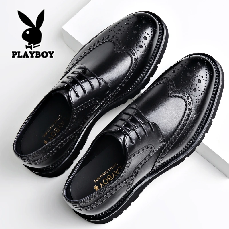 花花公子男士皮鞋真皮商务正装布洛克雕花黑色结婚新郎鞋2025新款