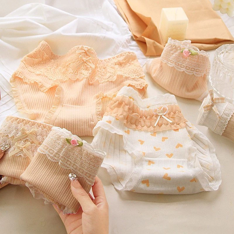 网红奶茶肤内裤女纯棉全棉裆里中腰舒适透气肤色少女蕾丝边 A23