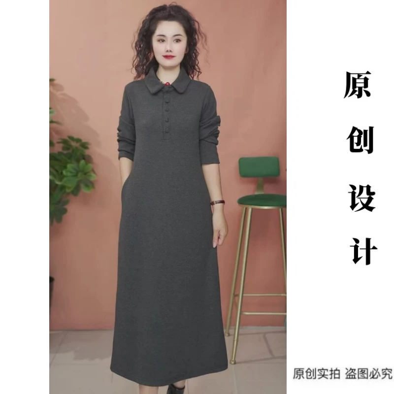 秋冬加厚翻领长袖连衣裙显瘦遮肉休闲百搭大码连衣裙