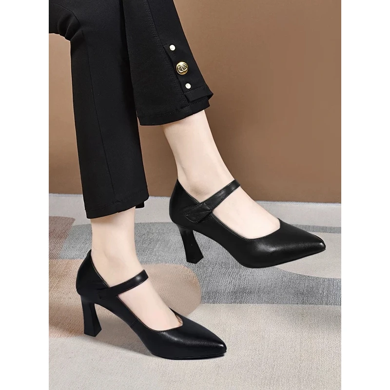 2025新款春夏季真皮浅口单鞋女软皮玛丽珍女鞋尖头皮鞋细跟高跟鞋