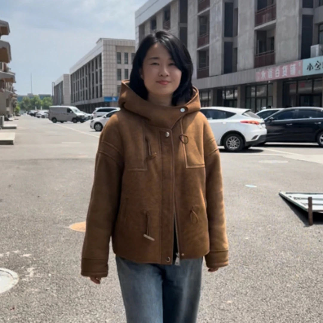 复古咖羊皮毛一体连帽短款时尚女士休闲外套