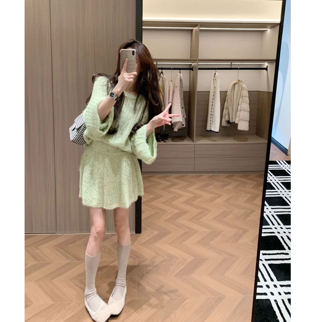 Leathercat韩系冷淡两件套冬装女绝美细闪针织衫半身裙小香风套装