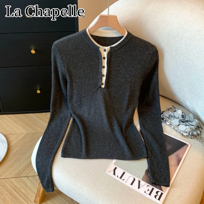 拉夏贝尔秋季新款撞色圆领针织打底衫气质百搭设计感显瘦长袖上衣