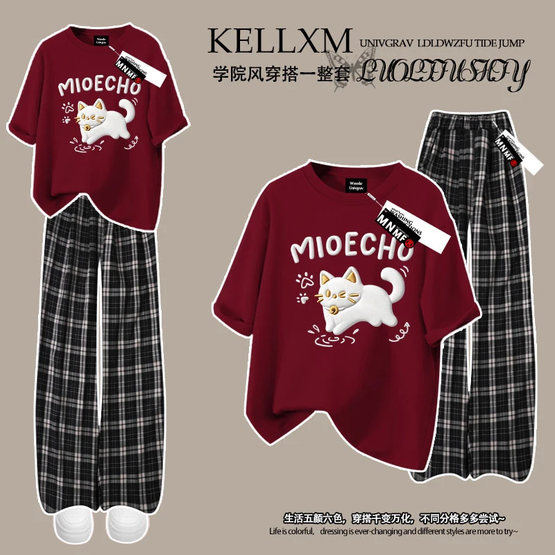 甜美风小猫仿刺绣女童短袖T恤格子裤套装夏季新款中大童潮牌穿搭