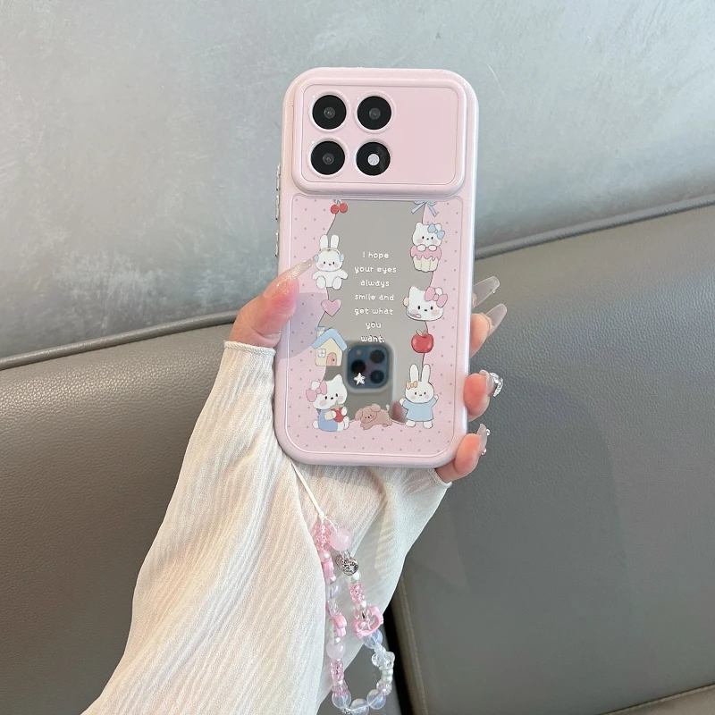 适用红米k70手机壳带镜面k70pro全包防摔女k70至尊版挂绳波点兔子