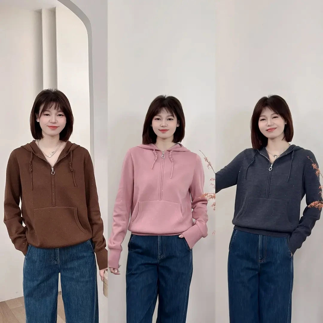 AMASS/阿玛施秋冬质感简约百搭宽松长袖拉链连帽针织衫538083