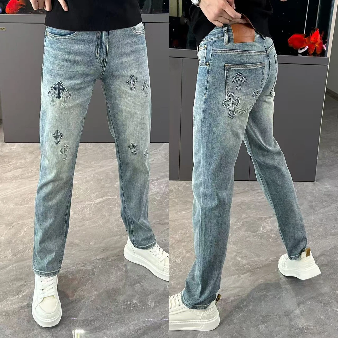 男潮流刺绣男裤个性简约修身直筒裤男士牛仔裤男款爆款2025新款