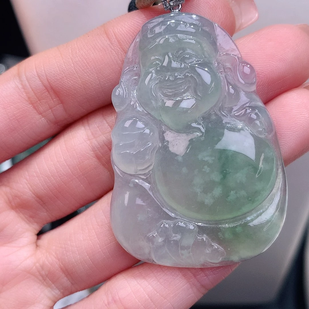 颈饰18K金镶嵌翡翠冰飘绿大财爷