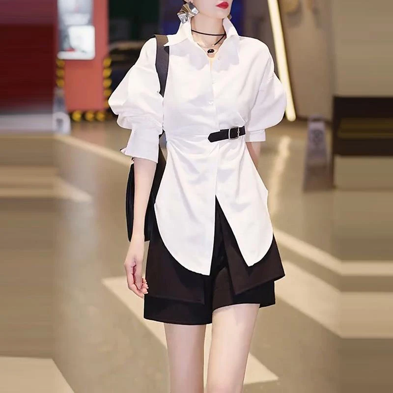 韩版高级感褶皱五分袖衬衫女夏季新款收腰显瘦纯色洋气休闲上衣潮